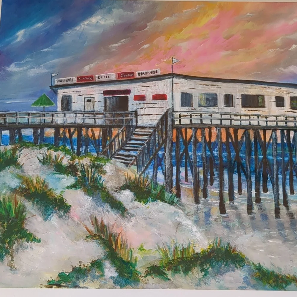 Old Wooden NC Fishing Pier New Giclee Art Print of Original Painting 16X12 - Picture 2 of 6